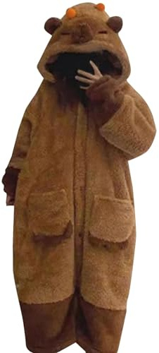 Generisch 2025 Bata Mujer Talla Grande Capybara Abotonada Manga Larga Cálida Con Manta, Mono Desmontable Muselina, marrón, L