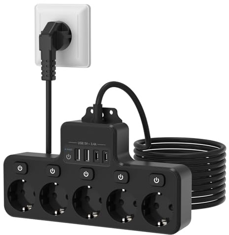 Meisax Multiprise Extra-Plate Murale Noir 5 Prises avec 2 USB-A et 2 USB-C | Interrupteur Indépendants et Tactiles , 4000W/16A, 2M Câble Multipris, pour Maison Bureau Chambre à Coucher Salon Cuisine