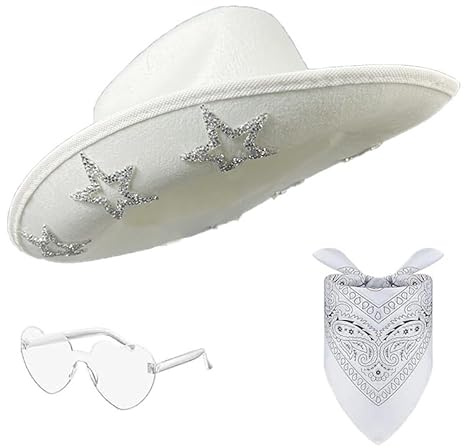 KDFSSIPE 3 Stück Western Cowboy Hat, Westlicher Cowboyhut Weiß, CowboyHut Damen Herren Fashion Westernhut, Mode Wild für Make-up-Ball Carnival Party, Inklusive Herzförmiger Brille und Schal