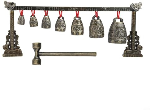 Chinesische Bronze Meditation Gong Set mit 7 verzierten Glocken, Legierung Percussion Instrument für Achtsamkeit und Klangheilung, 410 x 170 x 50 mm