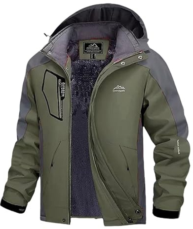 Generisch Veste d'hiver chaude pour homme - Veste de ski avec capuche - Coupe-vent - Poches - Multifonction - Pour couples, Vert armée., 5XL