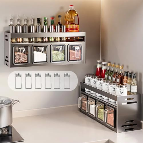 SSYYGET Gewürzregal mit Gewürzdosen, Gewürzregal Stehend & Wand, Gewürzgläser mit Regal, Küchen-Organizer mit 4 Gewürzgläsern aus Glas und 4 Gewürzboxen