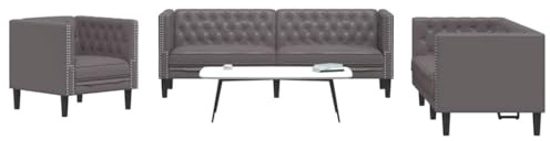 QUAHEAS 3-TLG. Chesterfield-Sofa-Set Grau, Kunstleder Wohnzimmer Couchgarnitur mit Sessel, 2-Sitzer und 3-Sitzer, Robuste Polstermöbel für Entspannung und Stil
