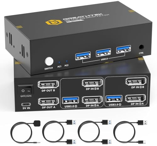 8K@60HZ Displayport KVM Switch 2 Monitors 2 Computers ，USB3.0 DP 8K@60HZ Dual Monitor KVM Switcher for PC/Laptop Share Keyboard Mouse,Support DP1.4,EDID Adapatively