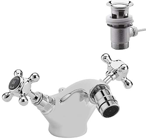 Old London BC406HX Topaz | Traditional Bathroom Mono Bidet Mixer Tap with Crosshead Handles and Hexagonal Collars, 97mm x 197mm, Chrome/Black