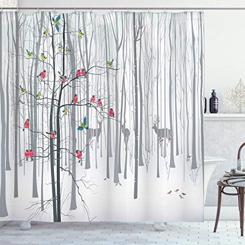 ABAKUHAUS Naturaleza Cortina de Baño, Bandada de pájaros en árbol, Material Resistente al Agua Durable Estampa Digital, 175 x 200 cm, Gris Multicolor