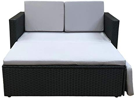 EVRE Love Bed Rattan Garden Furniture Set Patio Conservatory Outdoor Wicker Weave Lounge Sofa with Cushions (Black)