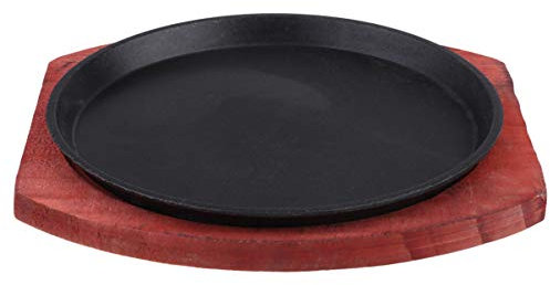 Cabilock Plato de Carne 19Cm Sartén Redonda de Hierro Fundido Antiadherente con Base de Madera de Barro Parrilla de La Parrilla Plancha de Servir Juegos de Platos para Cocinar Restaurante