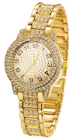 HALUKAKAH Montre en Or avec Diamants Iced Out pour Enfants - Plaqué Or 18 Carats,Cadran Rond Chiffres Arabes,Quartz Japonais - Longueur 19.5cm - pour Anniversaires,Fêtes