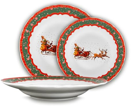 ARCA, Set di 18 Piatti Natalizi, Servizio per 6 Persone in Porcellana, per Lavastoviglie e Microonde, Resistenti e Duraturi, con Decoro Slitta di Natale, Idea Regalo, in Diverse Misure