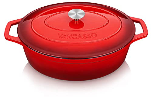 vancasso Cocotte Ovale en Fonte Émaillée 8L, 37cm, x13cm, 8.15kg, Marmite avec Couvercle Pour Tous Feux dont Induction Rouge