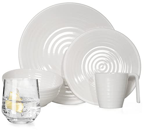 Melamin Camping Geschirr Set 4 Personen Crema Design 16 Teilig + Milano Gläser Wassergläser Tafelgeschirr Picknick BBQ Kochgeschirr