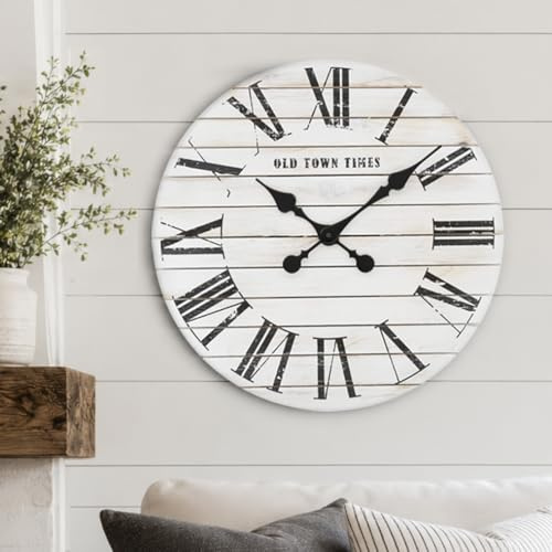 K&L Wall Art 45cm große Vintage Wanduhr aus Holz Wanduhren leises Uhrwerk ohne Ticken Shabby Chic Landhaus Deko XL