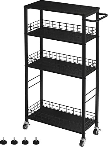 YBING Slim Storage Cart Kitchen Rolling Utility Cart on Wheels 4 Tier Mobile Narrow Cart with Wood and Metal Handle Slide Out Storage Shelving Unit Cart for Kitchen Living Room Small Places Black