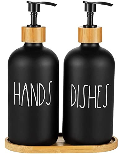 Hniuyun 2 Pack 16oz Glass Soap Dispenser with Bamboo Pump | Glass bottles, bamboo pump & tray included, refillable, black finish, for bathroom, kitchen, laundry room, countertop