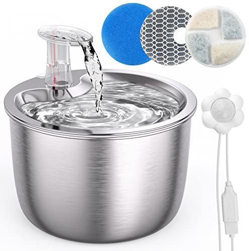 Fuente para Gatos y Perros con Sensor de Infrarrojos, 2L Acero Inoxidable Mascota Dispensador de Agua Automático Inteligente Silenciosa 3 Tipos de Flujo Bebedero, Filtros, Boya de Nivel de Agua