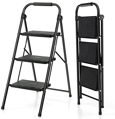 COSTWAY 2/3 Step Ladder, Folding Anti Slip Tread Stepladder with Wide Platform, Safe Lock and Hand Grip, 265kg Capacity Portable Safety Household Ladder Stool (3 Step)
