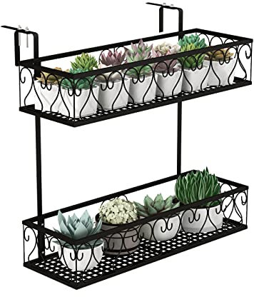 RELAX4LIFE Supporto per Piante in Metallo a 2 Livelli con 2 Cestini, Scaffale per Piante Sospese con Ganci Regolabili, Supporto per Fioriere da Giardino/Balcone/Terrazzo, 60 X 33 X 59 CM, Nero