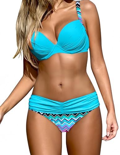 Ocean Plus Damen Gestreiftes Bikini-Set mit Brustpolster Bikinis Push Up mit Bügel Zweiteiliger Bademode (XL (EU 48-50), Himmelblaue Geometrie)