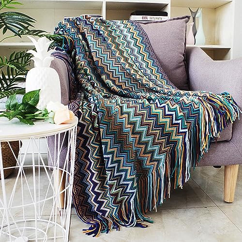 Menkala Kuscheldecke Boho Style Decke mit Fransen Strickdecke Tagesdecke Sofadecke Weich Streifen Wohndecke Couchdecke für Sofa Betten Büro Reisen Wohnzimmer Schlafzimmer Blau 130x200 cm