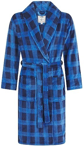 John Christian supermjuk fleece-morgonrock med blått rutmönster, blå, M