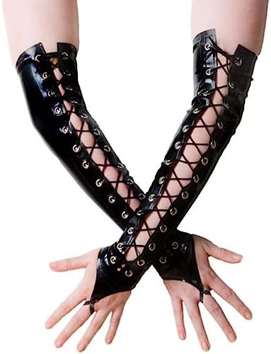 JUMJOY Guanti In Lattice Sexy Lunghi Neri Con Allacciatura Sul Davanti Guanti In Gomma Senza Visiera,Nero,medio