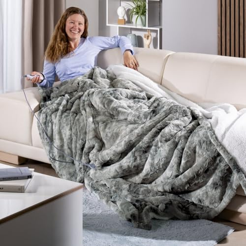 Delindo Lifestyle Heizdecke mit Abschaltautomatik 215 x 240 cm, große Kuscheldecke XXL mit 9 Temperaturstufen, mit Lammfell Optik, grau