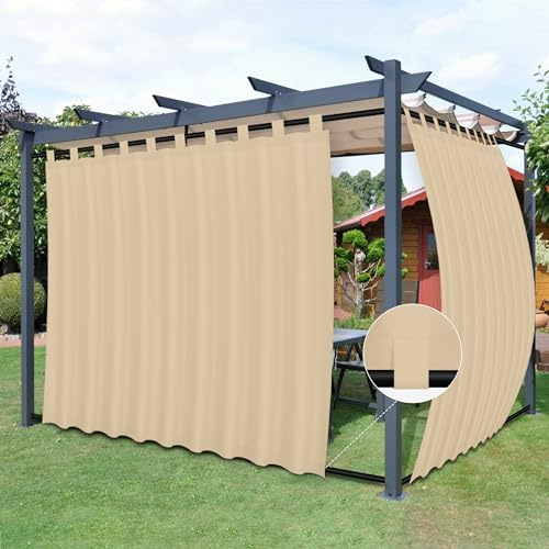 Easy-Going Outdoor-Terrassenvorhänge, abnehmbare obere Schlaufen, Wind- und wetterfest, für Cabana, Veranda, Pergola und Pavillon, untere Schlaufen, 2 Paneele, 279 cm B x 213 cm L, Beige | Sichtschutz Wasserdicht Winddicht Abnehmbare Schlaufen oben und unten Schlaufen Vorhang für Cabana, Veranda und Pergola