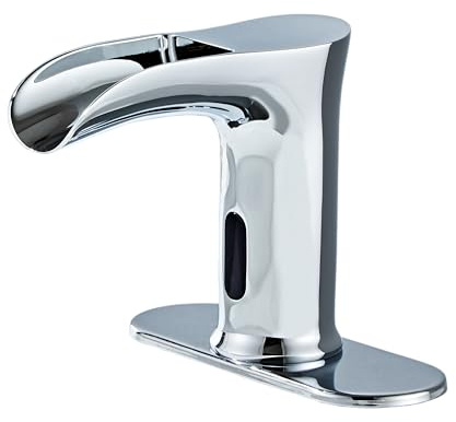 HHOOMMEE Touchless Bathroom Automatic Sink Faucets Waterfall Sensor Motion Hands Free Basin Commercial Auto Off Stop Faucet with Temperature Control Brass Mixer Deck Plate for Bath Vantiy Rv(Chrome)