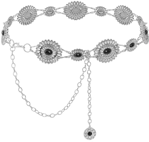 Topbuti Western Metal Oval Concho Chain Belt for Women Cowgirl Turquoise Waist Chain Belt for Dresses Jeans Western (Black)