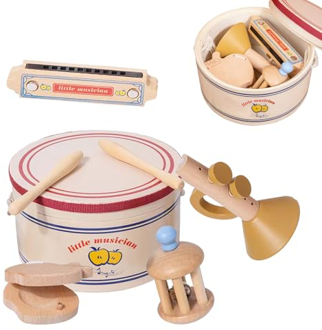 BASAMOU Instruments de Musique Enfants 1-5 Ans Bébé Tambour Jouets Musicaux Montessori en Bois, Tambourin Batteries Percussion Jeux Montessori avec Trompette/Harmonica/Castagnette/Hochet Bébé Cadeau