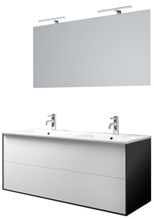 AQA DESIGN mobile bagno composizione doppia lavandino 5 pezzi bagno, mobile bagno con lavabo, set mobili bagno con nr2 cassetti con apertura push a estrazione totale - Bianco - 121x46,5x190 cm