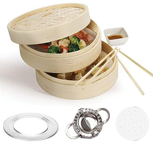 PEPPAMART 10 Inch Bamboo Steamer Basket – 2 Tier Dumpling Steamer for Cooking Bao Buns, Veggies & Rice | Traditional Chinese Steame Set with 4 Chopsticks, Sauce Dish, Dumpling Mode, Liners & Ring Adapter