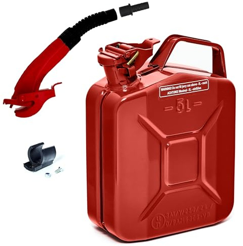 BW® Benzinkanister Metall 5 Liter mit Ausgießer - Kraftstoffkanister Rot - RAL 3000 - TÜV-geprüft und UN-Zulassung - 0,8mm Stahl nach DIN 7274 - Made in Europe
