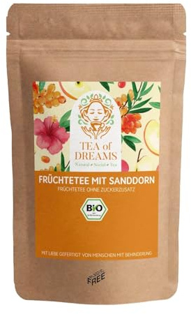 Té de frutas suelto, orgánico, con espino cerval de mar, trozos de manzana, flores de hibisco, cáscaras de rosa mosqueta, 200 g