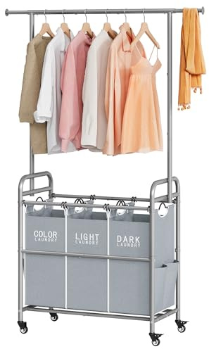 Tajsoon Laundry Sorter with Hanging Bar, 3 Section Rolling Laundry Hamper with Heavy Duty Lockable Wheels, Laundry Basket with Hanging Rack for Bedroom, 3 Gray
