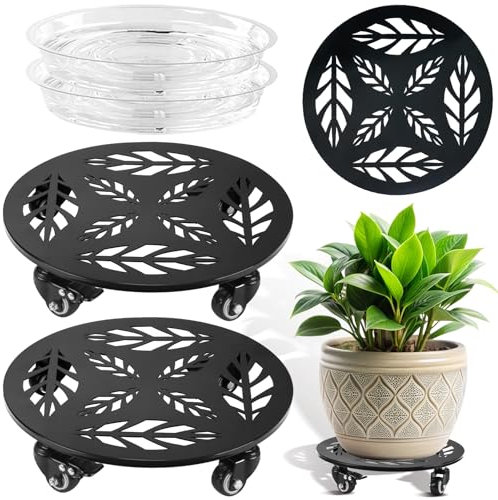 Planterhoma Paquete de 2 soportes para plantas de 14 pulgadas con ruedas, organizador de plantas de metal con ruedas, rodillos resistentes para plantas con ruedas de metal, soporte redondo de hierro