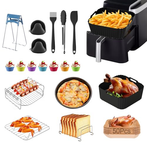 Freidora de aire caliente Airfryer Accesorios para Ninja AF180EU/140EU, Philips NA230, COSORI 5,5L/6L/6,2L/6,4L, Kits de moldes de silicona con parrilla, sartén para pizza y papel de horno