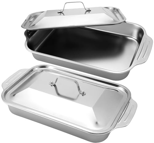 Funnymoom 2 Sets Stainless Steel Lasagna Baking Pan with Lid 9 x 13 Inch Deep Rectangle Cake Bread Loaf Pans Baking Bakeware for Casserole Brownies, Dishwasher Safe(9 x13 Inches,Handle Style,2 Sets)