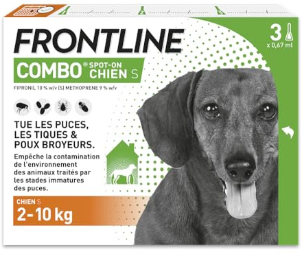 FRONTLINE Combo Chien - Anti Puces, Tiques, Poux broyeurs - Protège L'Habitat* - Élimine Puces Pendant 8 Semaines/Tiques Pendant 4 Semaines - Pour Petit Chien 2 à 10 kg - 3 Pipettes Spot-On