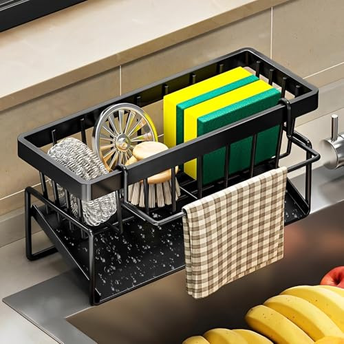 Cylogia Sink Caddy, Kitchen Sink Organiser Stainless Steel Sponge Holder with Dishcloth Holder and Self Draining Tray for Kitchen