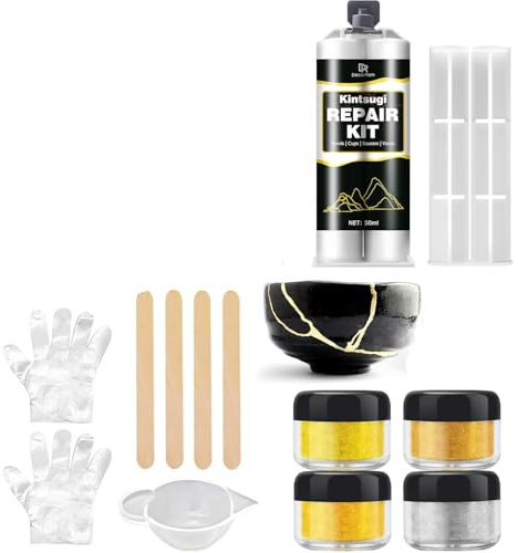 Kintsugi Reparatur Set, Gold Porzellankleber zur Reparatur Reparatur Zerbrochene Keramik, Glas, Untertassen, Keramikkleber Reparieren Sinnvolle Geschenke & Handwerk shandwerk, Perfekt für Anfänger