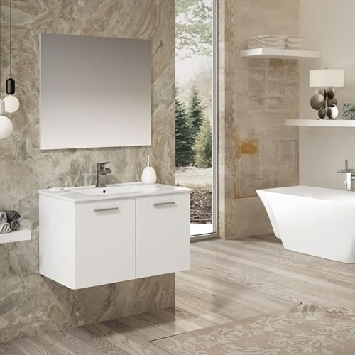 Aquore Mueble de Baño Suspendido Mallorca con Lavabo Cerámico, 2 Puertas (Lacado Blanco Brillo, Ancho 60 cm)