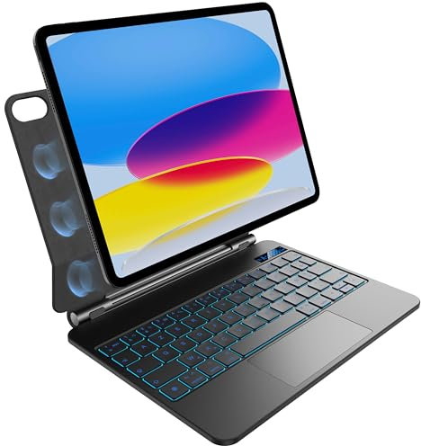 pankeybd Étui Clavier pour iPad A16 2025 et iPad 10e Génération 2022, Rétroéclairage 7 Couleurs, Pavé Tactile Multi-Touch, Conception Magnétique Flottante, AZERTY, Noir