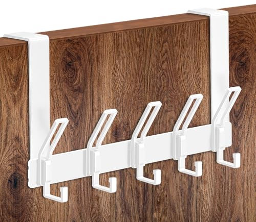 MIVITOOM Over The Door Hook Hanger with 5 Strong Coat Hooks for Hanging Clothes Towels Robes, Space Saving for Bathroom Bedroom Living Room Door, White