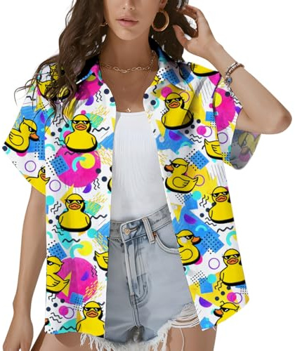 HIHI GLOBAL Tropical Tiki and Flamingo Hawaiian Shirt for Women Summer Beach Button Down Short Sleeve Clothes for Women, Retro Duck, S