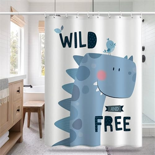 Duschvorhang 180 x 240 cm, Duschvorhang Wasserdicht mit Gewicht Badezimmer Vorhang Badewannenvorhang Polyester Textil mit Ösen und 12 Duschvorhangringe für Badewanne, Cartoon Dinosaurier V-276