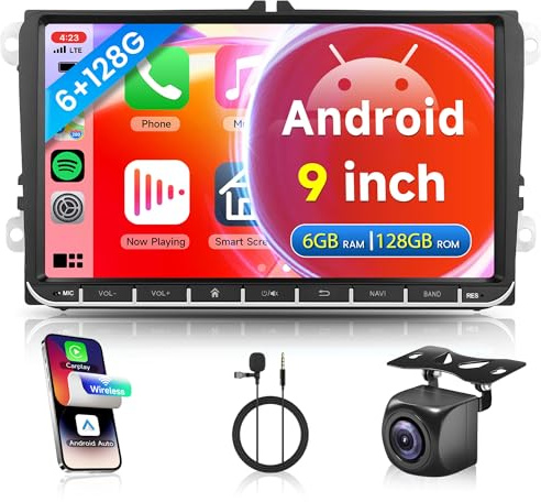 6G 128G Android Car Radio for VW Passat Jetta Seat Golf Skoda Polo Tiguan Beetle, Rimoody 9 inch Touch Screen 2 Din Car Stereo with CarPlay Android Auto/Bluetooth/GPS/WiFi Backup Camera