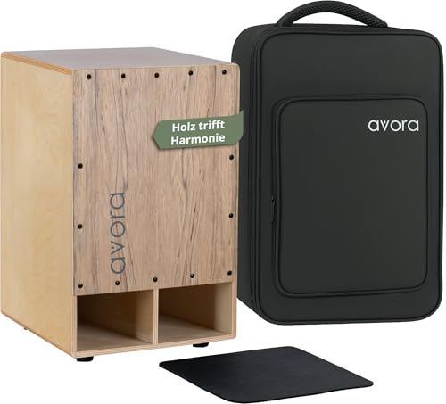 Avora Bass Boost Cajon SET - Percussion Trommelkiste mit verstärktem Bass - Sitztrommel mit Integrierter Griffschale - Snare-Effekt - Sitzpad aus Neopren – Akazie Braun - Inkl. gepolsterter Tasche