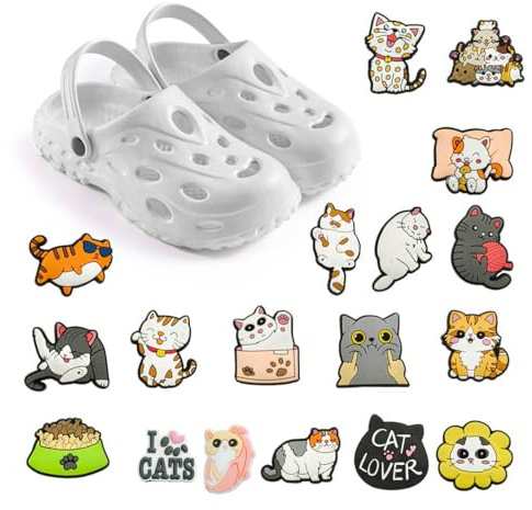 OUDQFCJ 18 Stück Schuh Charms,Cat Shoe Charms,Abnehmbares Schuhanstecker,Anstecker Kinder,Pins Personalisierte,Schuhe DIY Dekorationen,für Jibbitz Crocs Kinder Des Karikatur Katze Shoe Charm Zubehör